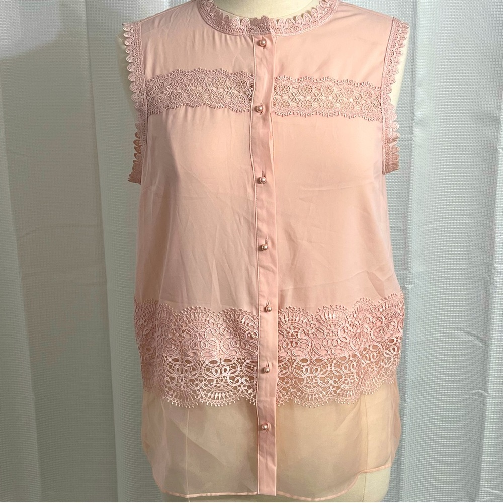 T Tahari Women's Sheer and Lace Sleeveless Round Neck Blouse, Pink, Size M